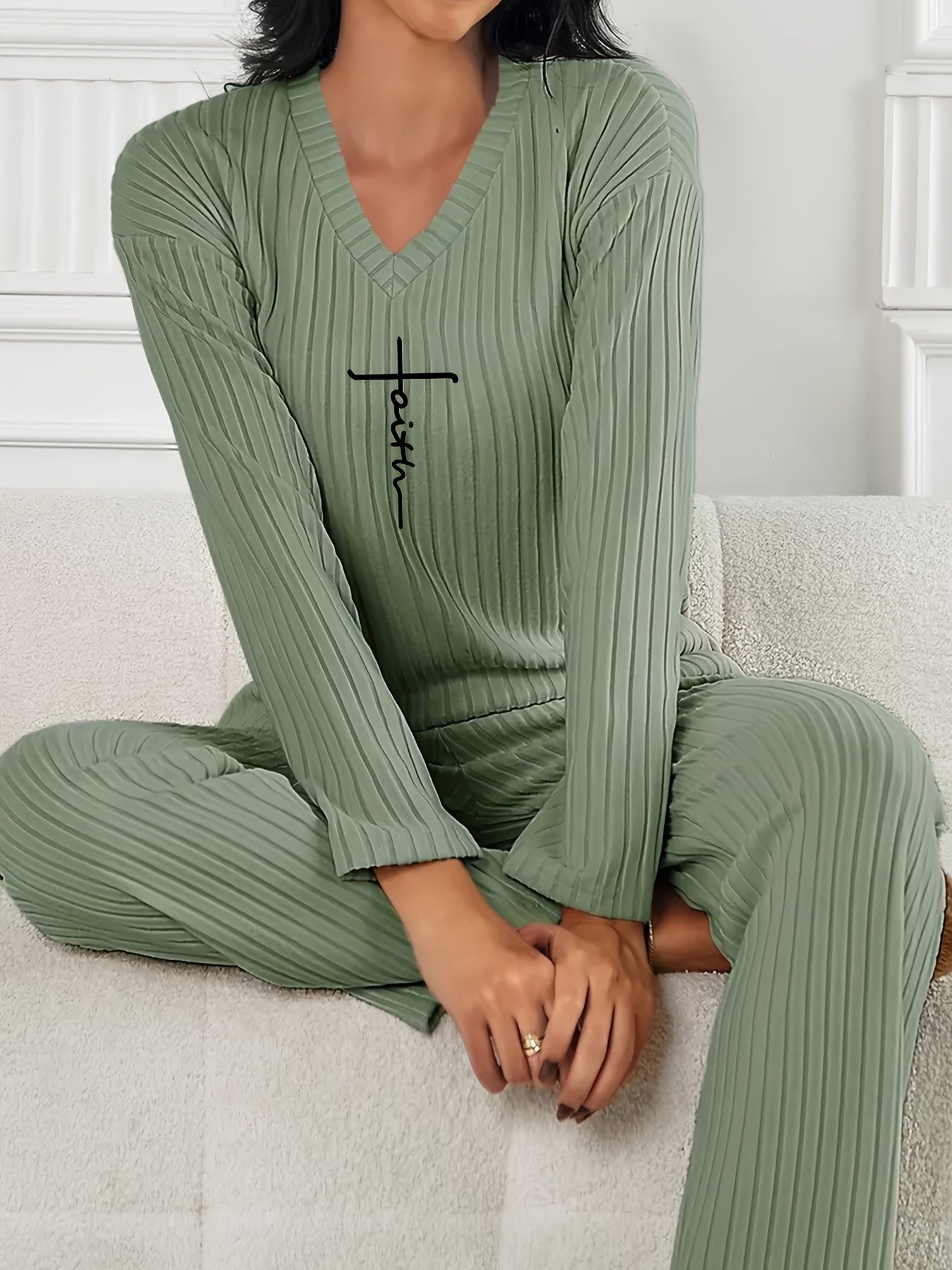 Women's Casual V-Neck Long Sleeve Pajama Set - Light Blue Ribbed Lounge Outfit with Print Cross Detail, Machine Washable, Ladies Pajama Sets